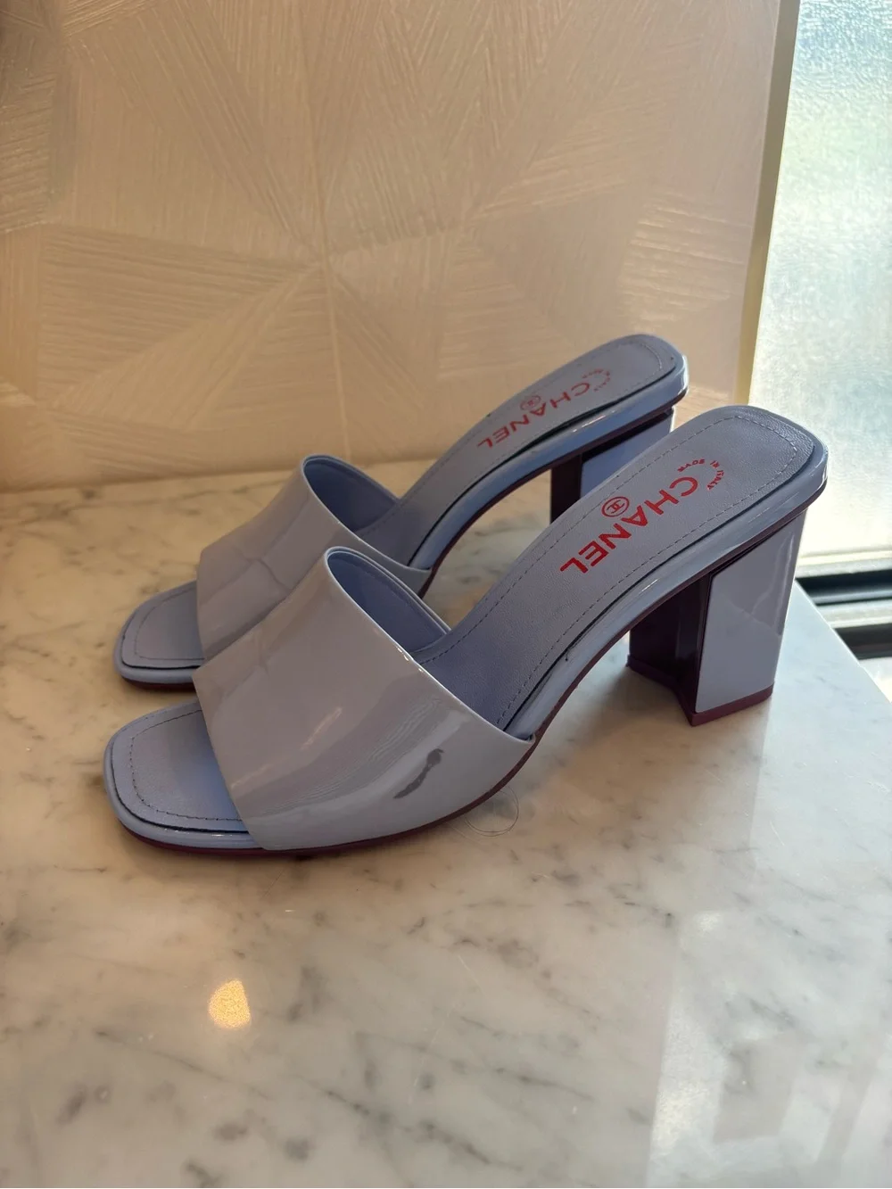 Lilac & Pink Block Heel Sandals with Logo Accent